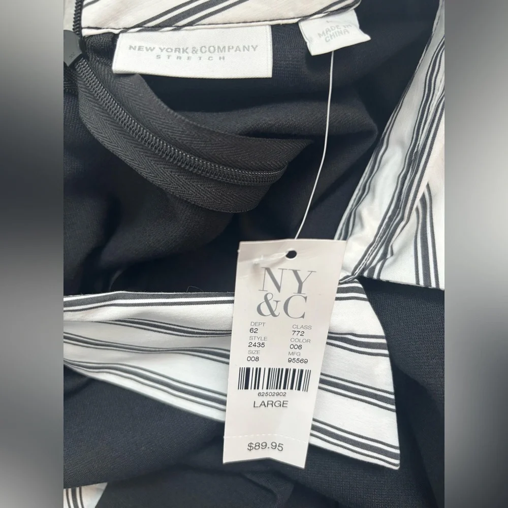 New York & Company Ponte Dress- Size Large- NWT | Black with Striped Blouse Look - Picture 2 of 5